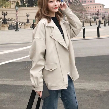 Sievietēm PU ādas jaka ar BF brīvo piegriezumu, polo apkakle, rāvējslēdzējs, poliester/PU audums, ziemas sezona 2025