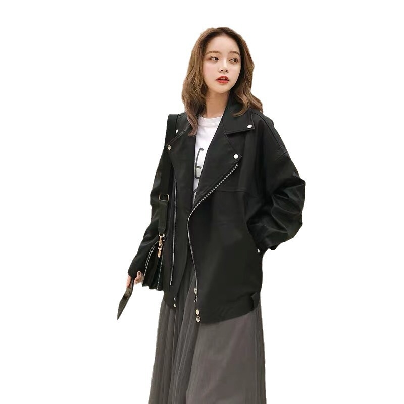 Sievietēm PU ādas jaka ar BF brīvo piegriezumu, polo apkakle, rāvējslēdzējs, poliester/PU audums, ziemas sezona 2025