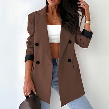 Naiste pikkade varrukatega bleiser-jakk, rever krae, kahekordne sulgemine, vaba lõige, polüester-spandex kangas