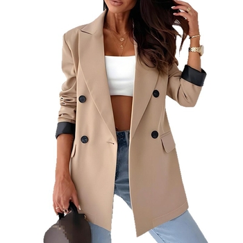 Naiste pikkade varrukatega bleiser-jakk, rever krae, kahekordne sulgemine, vaba lõige, polüester-spandex kangas