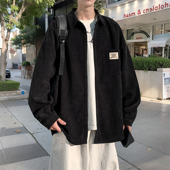 Corduroy särk meessoost pikka varrukatega, tänavapõhise stiiliga kapuutsiga, laia lõige, terav krae, ühevärviline, polüestermaterjal