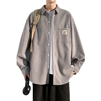 Corduroy särk meessoost pikka varrukatega, tänavapõhise stiiliga kapuutsiga, laia lõige, terav krae, ühevärviline, polüestermaterjal