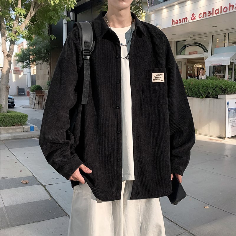 Corduroy särk meessoost pikka varrukatega, tänavapõhise stiiliga kapuutsiga, laia lõige, terav krae, ühevärviline, polüestermaterjal