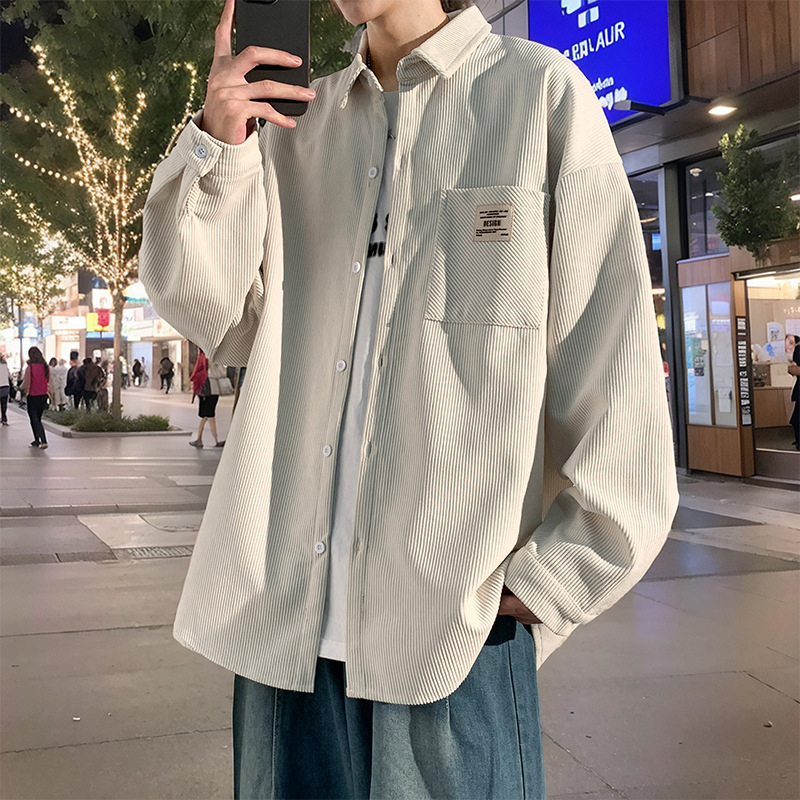 Corduroy särk meessoost pikka varrukatega, tänavapõhise stiiliga kapuutsiga, laia lõige, terav krae, ühevärviline, polüestermaterjal