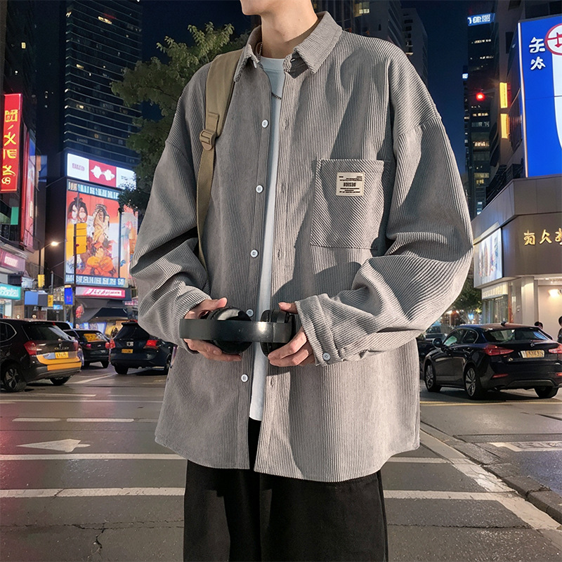 Corduroy särk meessoost pikka varrukatega, tänavapõhise stiiliga kapuutsiga, laia lõige, terav krae, ühevärviline, polüestermaterjal