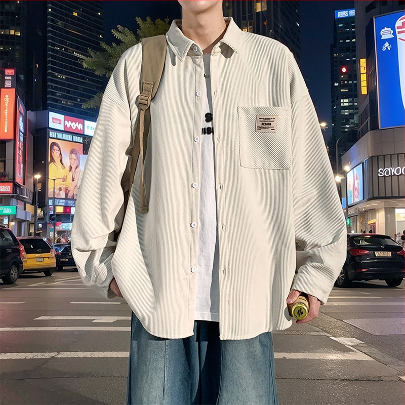 Corduroy särk meessoost pikka varrukatega, tänavapõhise stiiliga kapuutsiga, laia lõige, terav krae, ühevärviline, polüestermaterjal