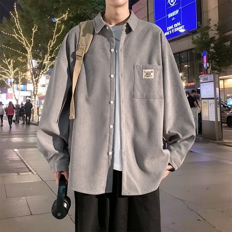 Corduroy särk meessoost pikka varrukatega, tänavapõhise stiiliga kapuutsiga, laia lõige, terav krae, ühevärviline, polüestermaterjal