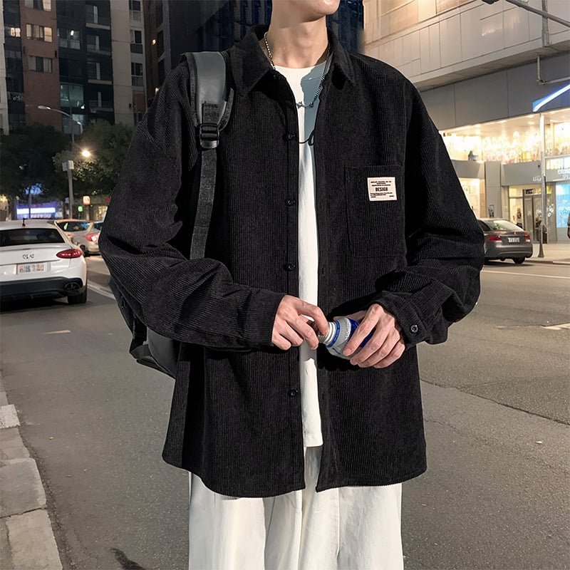 Corduroy särk meessoost pikka varrukatega, tänavapõhise stiiliga kapuutsiga, laia lõige, terav krae, ühevärviline, polüestermaterjal
