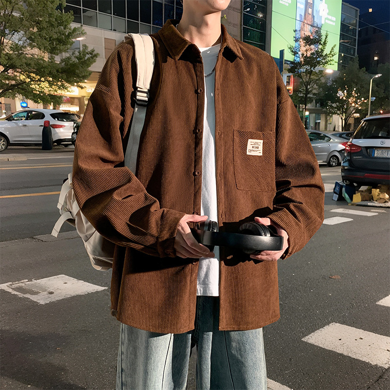 Corduroy särk meessoost pikka varrukatega, tänavapõhise stiiliga kapuutsiga, laia lõige, terav krae, ühevärviline, polüestermaterjal