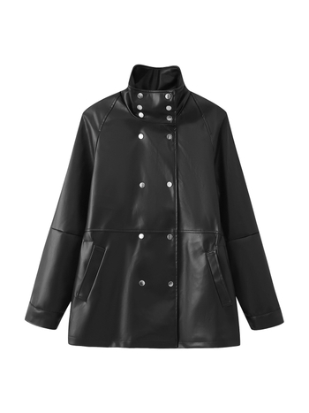 Sieviešu mākslīgās ādas jaka, dubultā pogu aizdare, apkakle ar lapeli, garas piedurknes, parastā garuma (50–65 cm), poliesteris 95%
