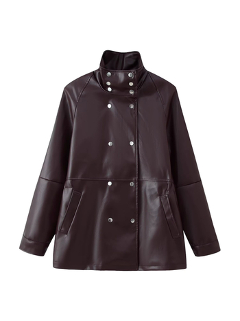 Sieviešu mākslīgās ādas jaka, dubultā pogu aizdare, apkakle ar lapeli, garas piedurknes, parastā garuma (50–65 cm), poliesteris 95%