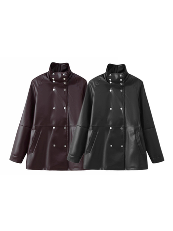 Sieviešu mākslīgās ādas jaka, dubultā pogu aizdare, apkakle ar lapeli, garas piedurknes, parastā garuma (50–65 cm), poliesteris 95%