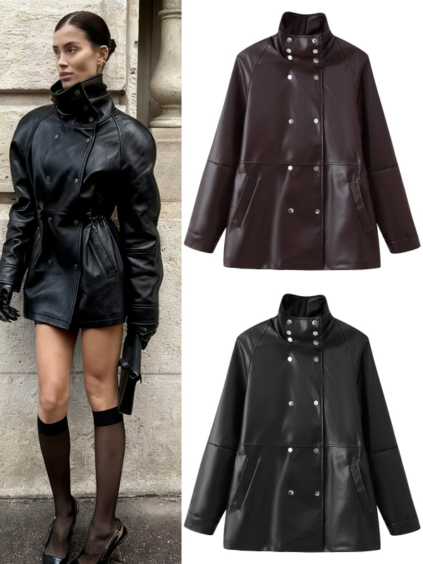 Sieviešu mākslīgās ādas jaka, dubultā pogu aizdare, apkakle ar lapeli, garas piedurknes, parastā garuma (50–65 cm), poliesteris 95%