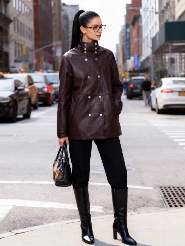 Sieviešu mākslīgās ādas jaka, dubultā pogu aizdare, apkakle ar lapeli, garas piedurknes, parastā garuma (50–65 cm), poliesteris 95%