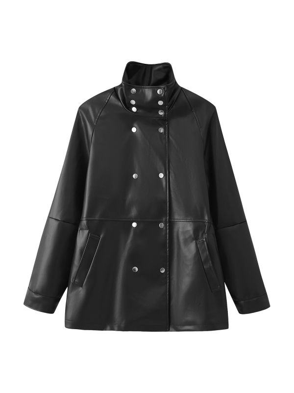 Sieviešu mākslīgās ādas jaka, dubultā pogu aizdare, apkakle ar lapeli, garas piedurknes, parastā garuma (50–65 cm), poliesteris 95%