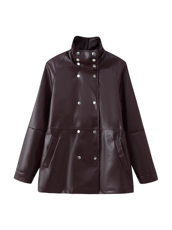 Sieviešu mākslīgās ādas jaka, dubultā pogu aizdare, apkakle ar lapeli, garas piedurknes, parastā garuma (50–65 cm), poliesteris 95%