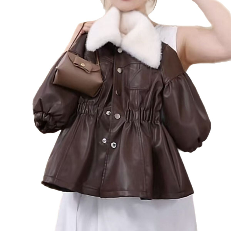 Mergaitėms skirta PU odinė žieminė striukė su pliušiniu pamušalu, ilgomis rankovėmis, vidutinio ilgio, užsegama vienu sageliu