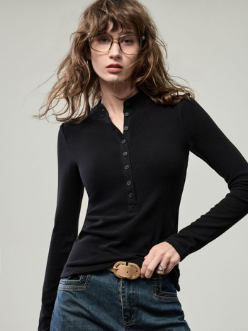 Marškinėliai su Henry kaklo apykakle, viskozės pluoštas, ilgomis rankovėmis, lieknas kirpimas