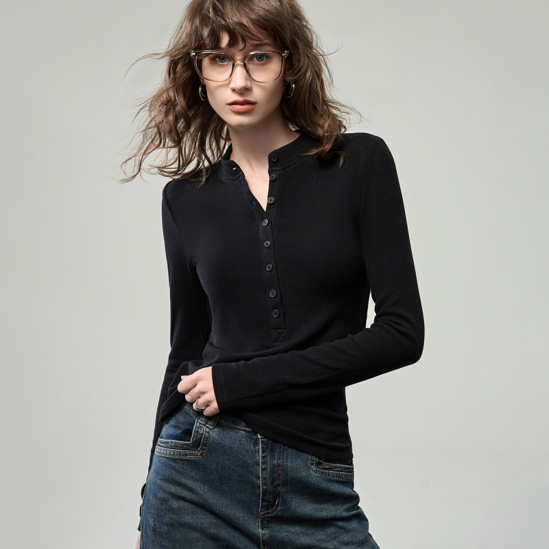 Marškinėliai su Henry kaklo apykakle, viskozės pluoštas, ilgomis rankovėmis, lieknas kirpimas