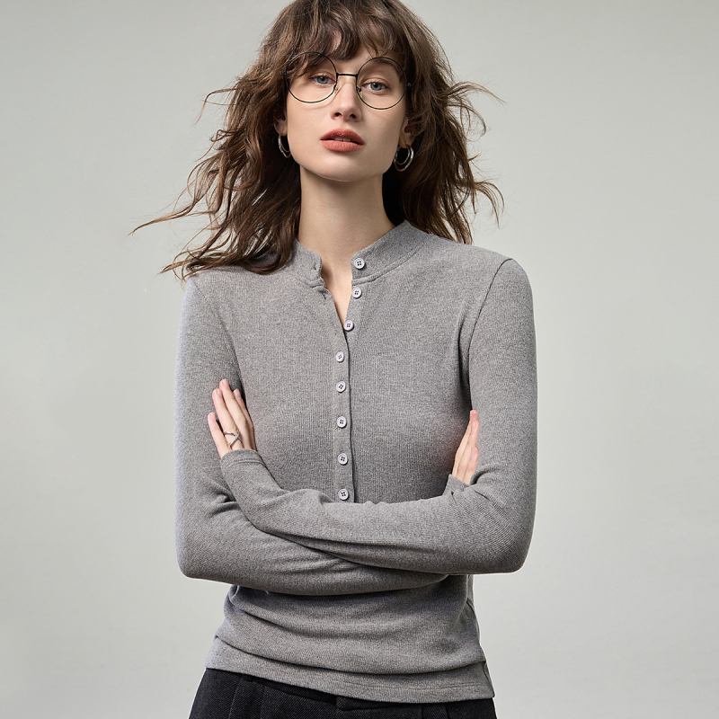 Marškinėliai su Henry kaklo apykakle, viskozės pluoštas, ilgomis rankovėmis, lieknas kirpimas