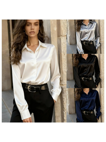 Женска риза с дълги ръкави, полиестер и спандекс в съчетание, едноцветна, елегантен делови стил, яка на риза