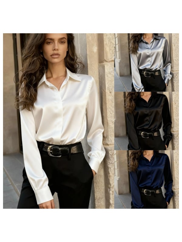 Женска риза с дълги ръкави, полиестер и спандекс в съчетание, едноцветна, елегантен делови стил, яка на риза