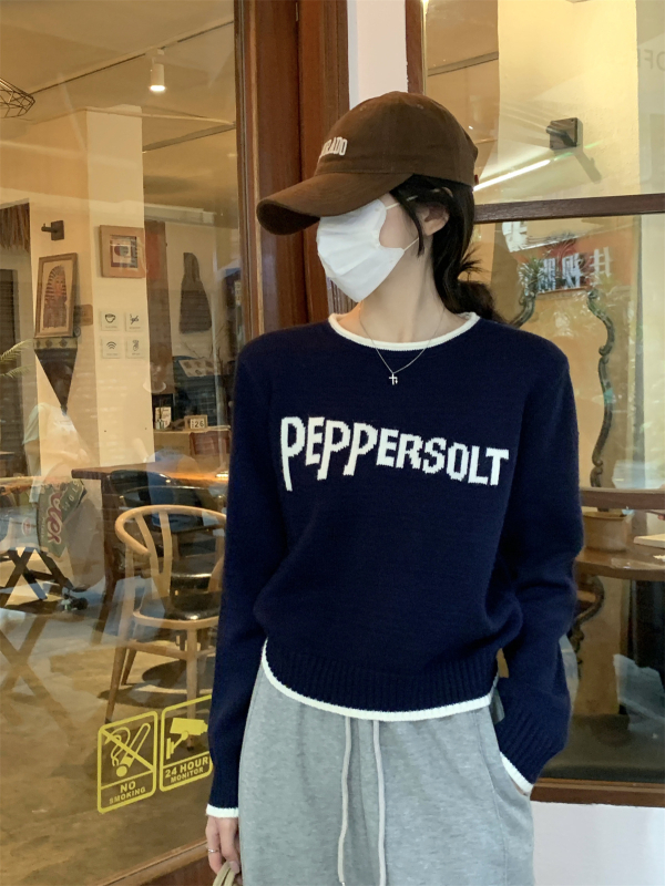 Poliesterski pleteni džemper s tekstnim uzorkom, kapuljača, okrugli izrez, dugi rukavi