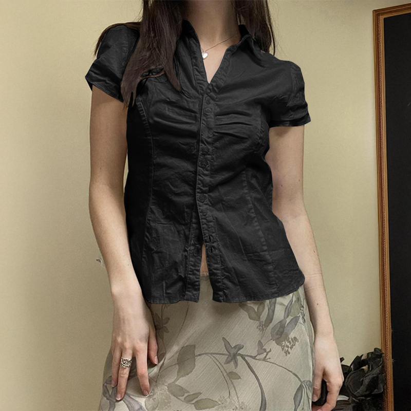 Риза-кардиган с копчета, дълъг ръкав, поло яка, тъкана материя, полиестер 95%+, японско-корейски ежедневен стил, Regular версия, Spring 2025