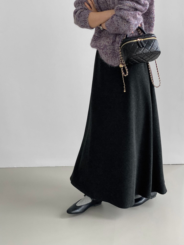 Φούστα Α-γραμμής μεσαίου μήκους, μονόχρωμη, ανάμειξη πολυεστέρα-βισκόζης, φινίρισμα με βρεγμένο εφέ, καθημερινό στυλ Κορέας-Ιαπωνίας