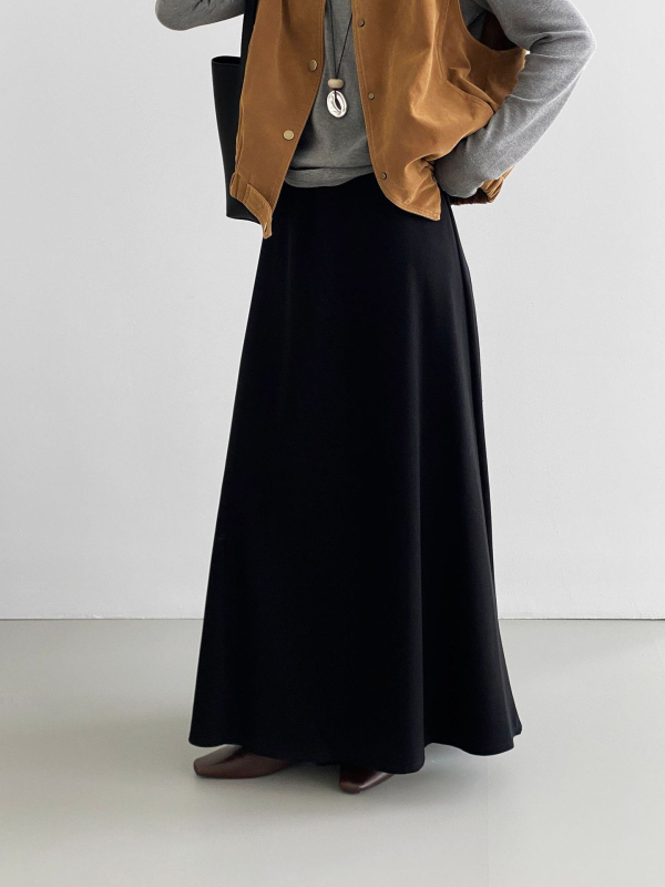 Φούστα Α-γραμμής μεσαίου μήκους, μονόχρωμη, ανάμειξη πολυεστέρα-βισκόζης, φινίρισμα με βρεγμένο εφέ, καθημερινό στυλ Κορέας-Ιαπωνίας