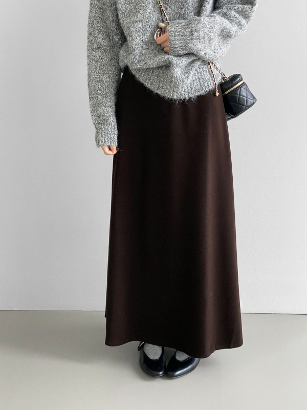 Φούστα Α-γραμμής μεσαίου μήκους, μονόχρωμη, ανάμειξη πολυεστέρα-βισκόζης, φινίρισμα με βρεγμένο εφέ, καθημερινό στυλ Κορέας-Ιαπωνίας