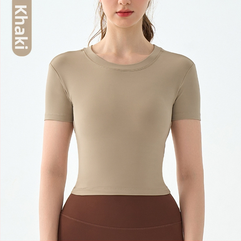 Moterų Jogos marškinėliai su atviru nugara ir krūtinės pagalvėle – slim fit, apvalus kaklas, kvėpuojanti medžiaga, 80% nailonas, 20% spandeksas, trumpos rankovės