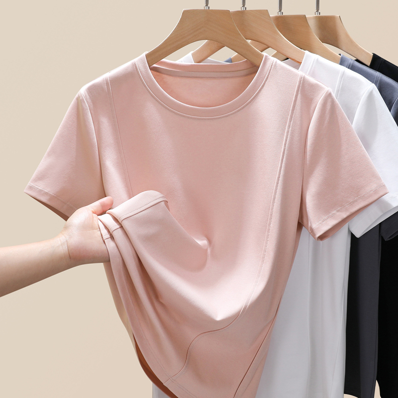 Moteriški trumpomis rankovėmis marškinėliai su apvalia kakle, siaura kirpimo, Mercerizuota medvilnė, 90-95% medvilnė ir Spandex <30%