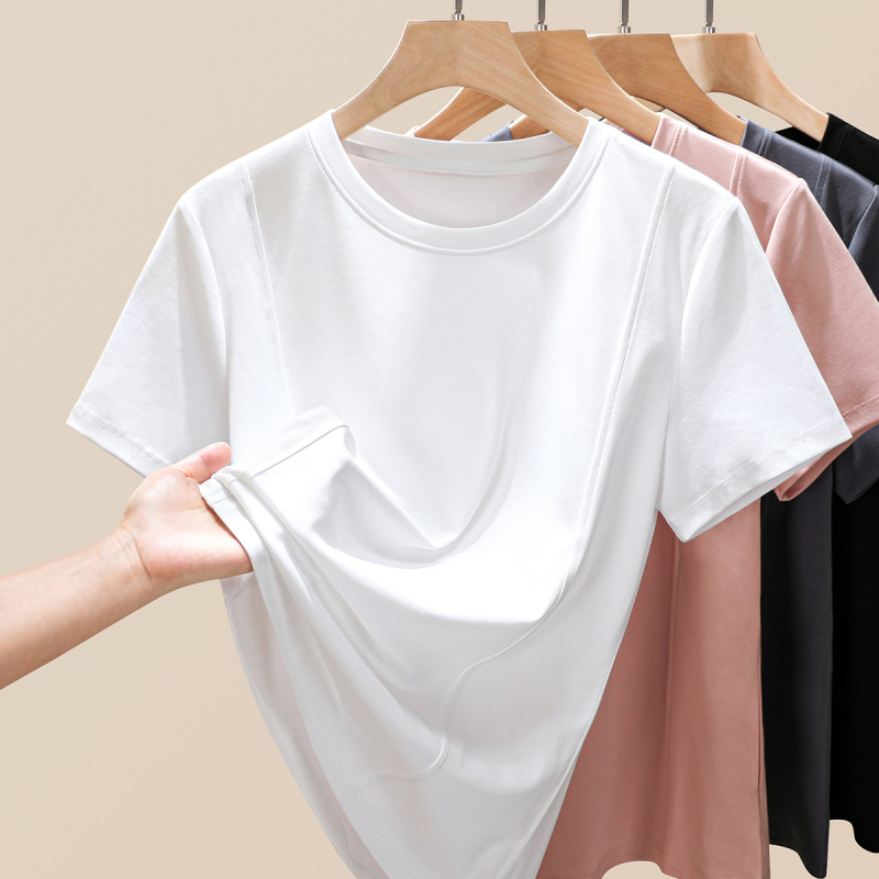 Moteriški trumpomis rankovėmis marškinėliai su apvalia kakle, siaura kirpimo, Mercerizuota medvilnė, 90-95% medvilnė ir Spandex <30%