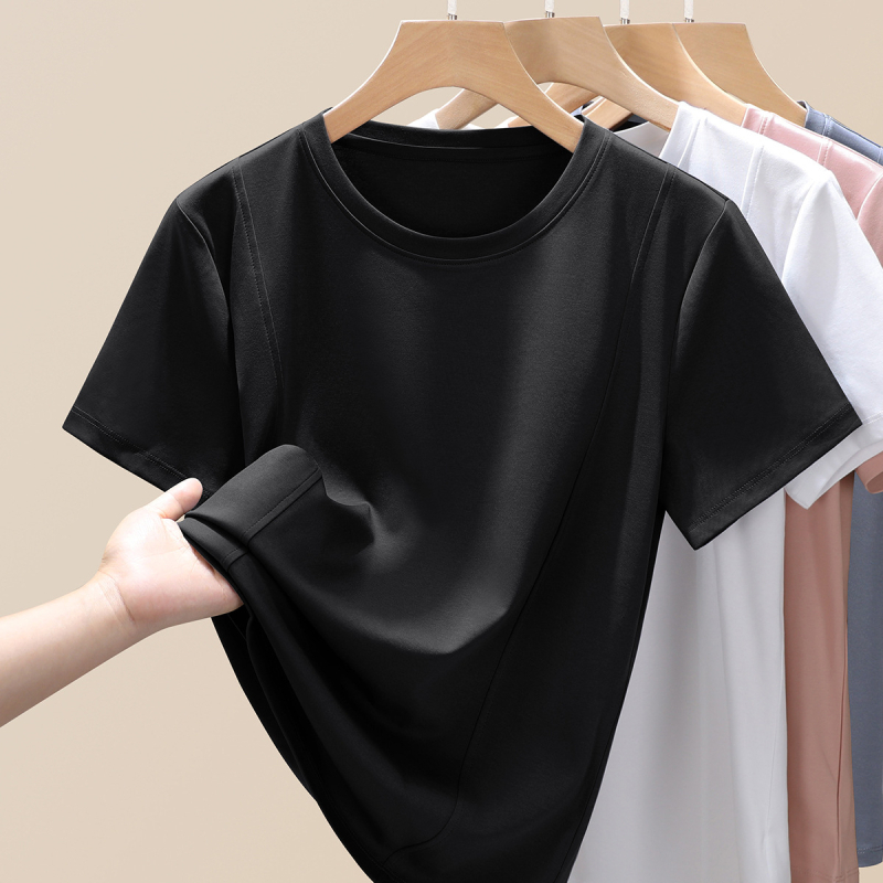 Moteriški trumpomis rankovėmis marškinėliai su apvalia kakle, siaura kirpimo, Mercerizuota medvilnė, 90-95% medvilnė ir Spandex <30%