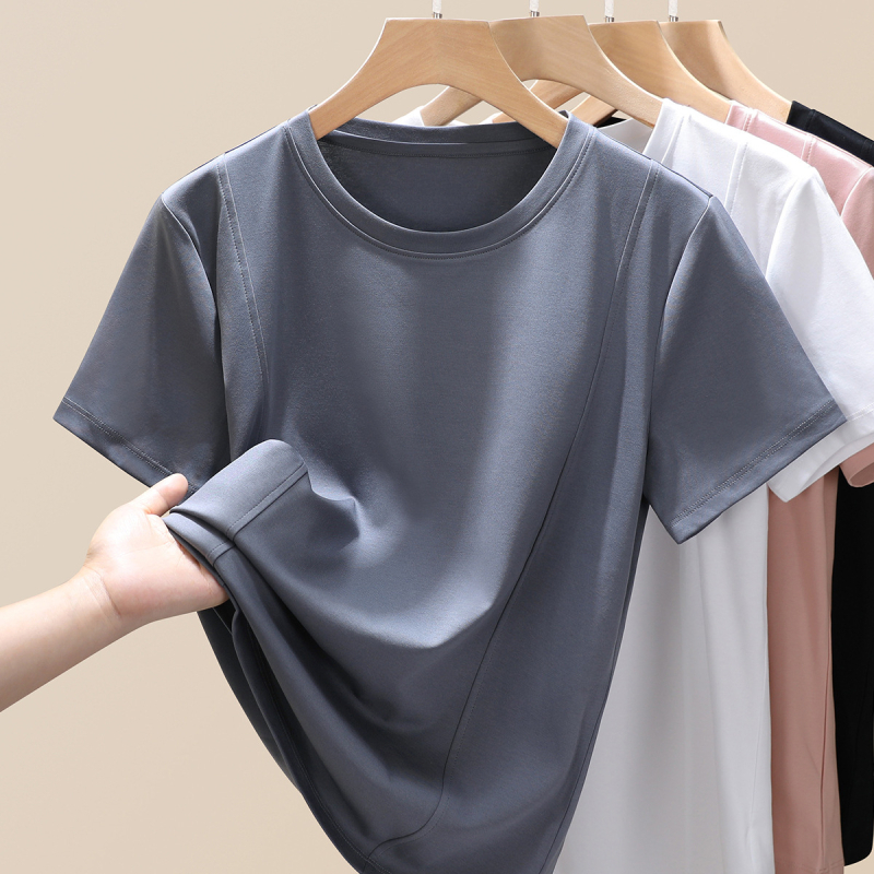 Moteriški trumpomis rankovėmis marškinėliai su apvalia kakle, siaura kirpimo, Mercerizuota medvilnė, 90-95% medvilnė ir Spandex <30%