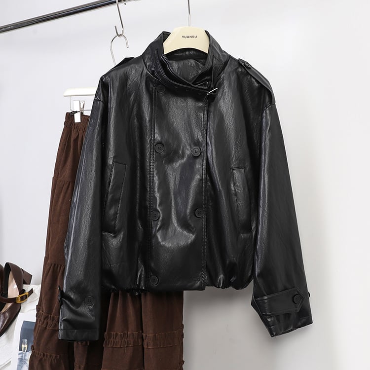 Γυναικείο δερμάτινο μπουφάν από συνθετικό δέρμα, με διπλή σειρά κουμπιών στο μπροστινό μέρος, ελαφρώς φαρδιά γραμμή, μακριά μανίκια