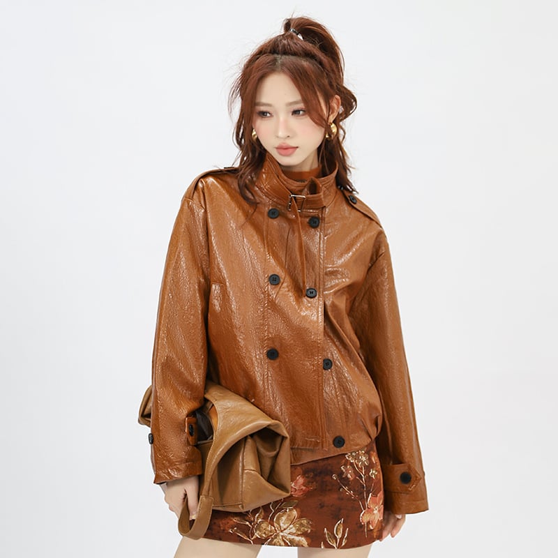 Γυναικείο δερμάτινο μπουφάν από συνθετικό δέρμα, με διπλή σειρά κουμπιών στο μπροστινό μέρος, ελαφρώς φαρδιά γραμμή, μακριά μανίκια