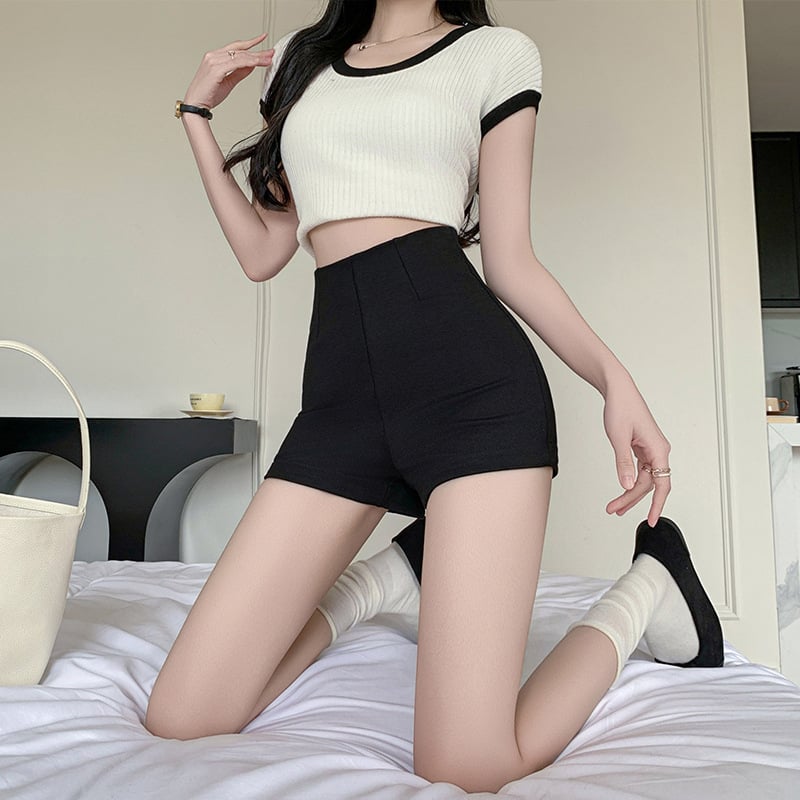 Дамски къси панталони с висока талия, ежедневни, полиестер/еластан смес, плат вискоза, висока еластичност