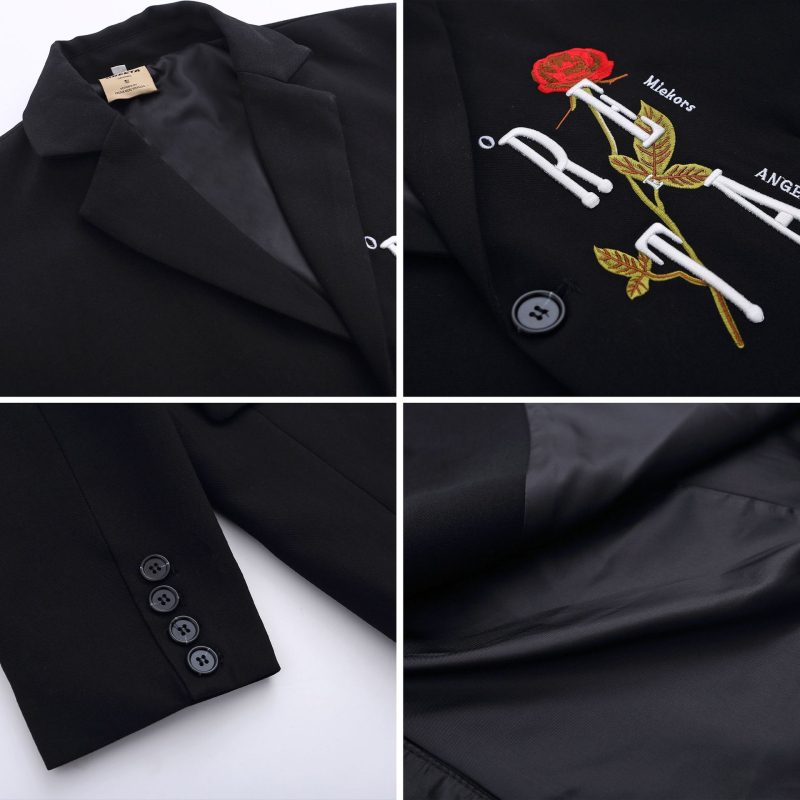 Kasdieninis kostiumas su rožių siuvinėjimu, laisvas kirpimas, apykaklė su atlapu, trijų sagų užsegimas, poliesterio audinys