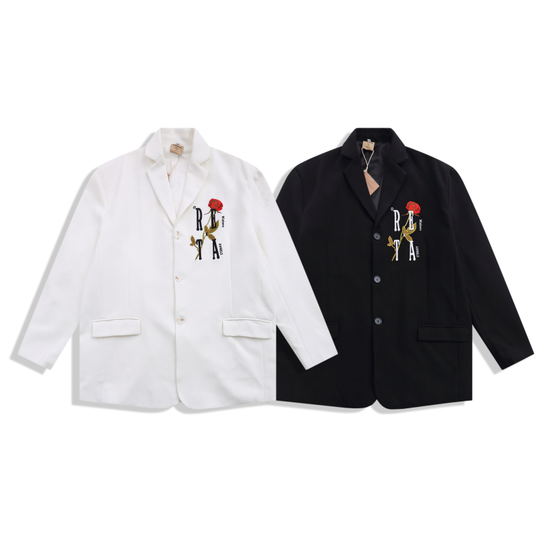 Kasdieninis kostiumas su rožių siuvinėjimu, laisvas kirpimas, apykaklė su atlapu, trijų sagų užsegimas, poliesterio audinys