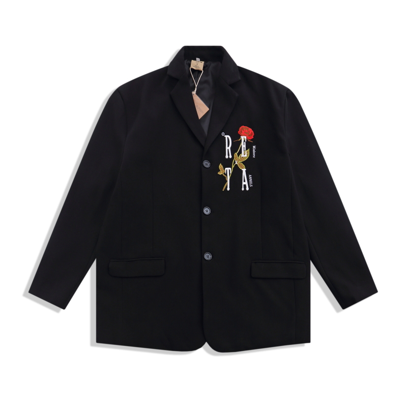 Kasdieninis kostiumas su rožių siuvinėjimu, laisvas kirpimas, apykaklė su atlapu, trijų sagų užsegimas, poliesterio audinys