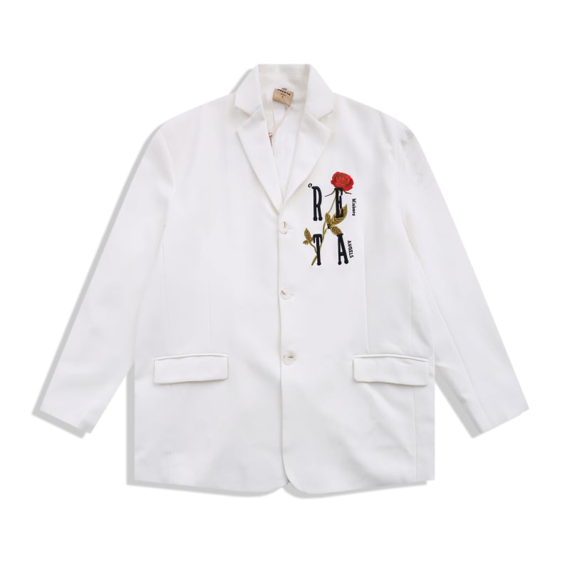 Kasdieninis kostiumas su rožių siuvinėjimu, laisvas kirpimas, apykaklė su atlapu, trijų sagų užsegimas, poliesterio audinys