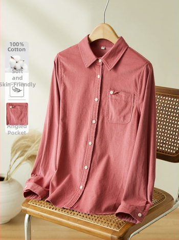 Moteriški medvilniniai marškiniai su švelnia šlifavimo paviršiumi, ilgomis rankovėmis, apykaklė su reveru, kišenės, laisvas kirpimas, rudens 2025 išleidimas