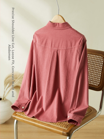 Moteriški medvilniniai marškiniai su švelnia šlifavimo paviršiumi, ilgomis rankovėmis, apykaklė su reveru, kišenės, laisvas kirpimas, rudens 2025 išleidimas