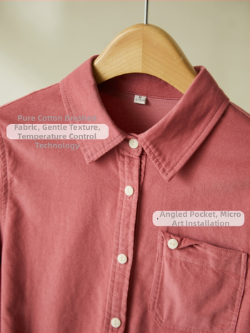 Moteriški medvilniniai marškiniai su švelnia šlifavimo paviršiumi, ilgomis rankovėmis, apykaklė su reveru, kišenės, laisvas kirpimas, rudens 2025 išleidimas