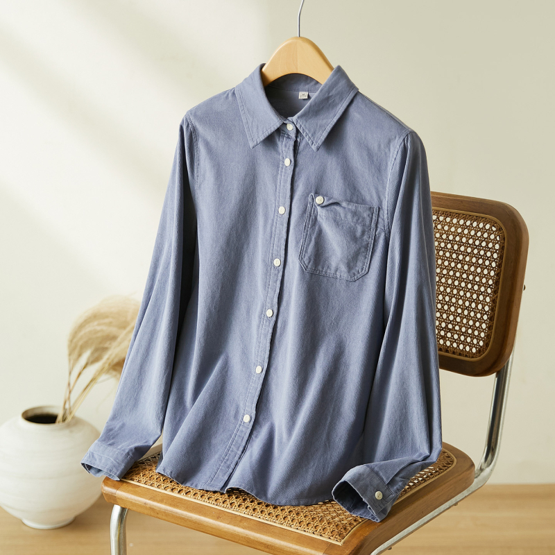 Женска памучна риза с дълги ръкави, мъхеста обработка, яка с ревър, джобове, свободна кройка, есен 2025