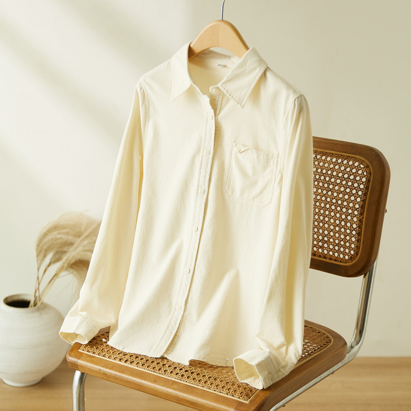 Женска памучна риза с дълги ръкави, мъхеста обработка, яка с ревър, джобове, свободна кройка, есен 2025