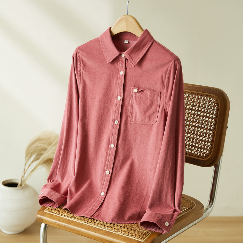 Женска памучна риза с дълги ръкави, мъхеста обработка, яка с ревър, джобове, свободна кройка, есен 2025