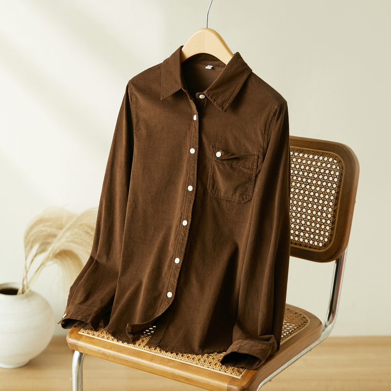 Женска памучна риза с дълги ръкави, мъхеста обработка, яка с ревър, джобове, свободна кройка, есен 2025